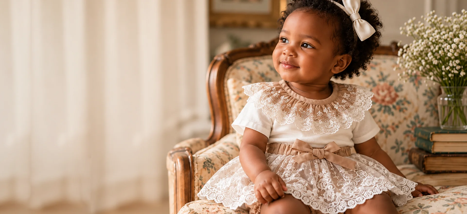 Young child in a lace-trimmed cream outfit, seated in a vintage floral chair