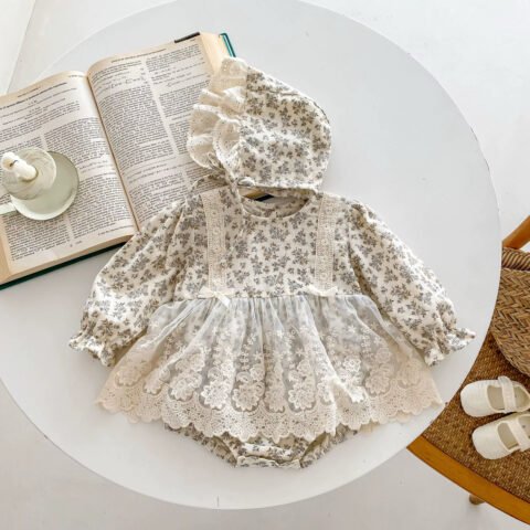 Beige Floral Romper with matching bonnet